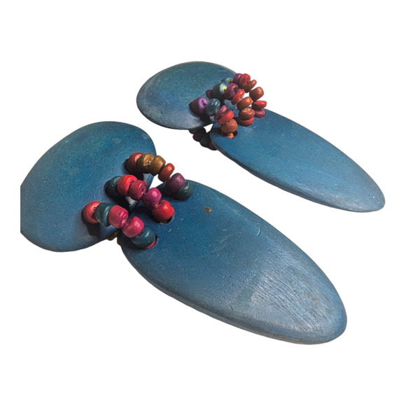Vtg 60s Mod Chunky Blue Wooden Dangle Drop Statement Earrings Multicolor Beads - Picture 5 of 7